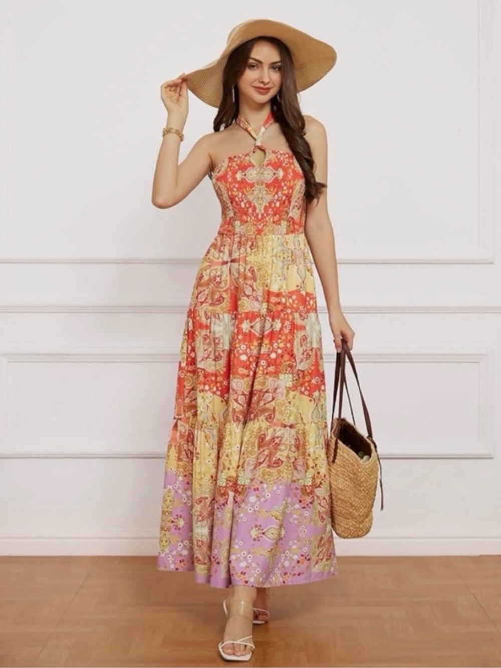Casual Maxi Floral Tiered Halter Criss Cross Backless Dress with Pockets NWT